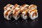 Traditional delicious fresh Unagi Syake sushi roll set on a black background with reflection