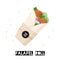 Traditional dish of Jewish cuisine Falafel pita roll. Vegetarian food, vegetable wrap with black sample logo sticker