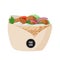 Traditional dish of Jewish cuisine Falafel pita sandwich in paper packaging with black sample logo sticker. Vegetarian