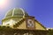 Traditional dome with blue ceramic tiles and the image of the saint in the church Relleu, Alicante province