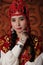 Traditional dress of the Kazakh bride. Kazakh national wedding dress.