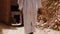 A traditional dressed Moroccan bedouin man wearing a white gandoura and a turban walks inside a Kasbah in Tamnougalt, Morocco.