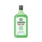 Traditional dry gin in green bottle. Alcohol drink. Flat style.