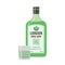 Traditional dry gin green bottle. Alcohol shot, drink. Flat style.