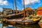 Traditional Dutch Botter Fishing Boats on the Dry Dock in the Harbor of the historic village of Spakenburg-Bunschoten