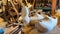 Traditional Dutch clogs or klompen making at wooden shoe workshop, close-up