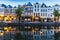 Traditional Dutch culture houses and canal during dusk in Leiden, Holland