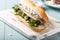 Traditional dutch snack, seafood sandwich with herring