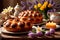 Traditional easter bread on table with flowers, traditional springtime festive holiday celebration decoration