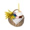 Traditional Easter cake with candle, eggs and flowers in basket isolated on white