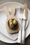 Traditional easter spring meal background. Table setting with bunny and eggs