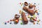 Traditional Easter sweets with eggs, chocolate rabbit, festive edible decor. Children\\\'s quest