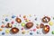 Traditional Easter sweets with eggs, chocolate rabbit, festive edible decor. Children\\\'s quest