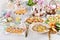 Traditional Easter table with polish white borscht appetizers and pastries