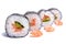 Traditional eastern dish - sushi rolls with salmon and shrimp on a white background.