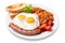 traditional english breakfast dish with eggs, bacon, beans, and sausage on transparent background