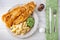 Traditional English food - Fish and chips with mushy peas