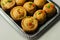 Traditional  English pork pies with cranberry sauce on a silver tray