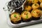 Traditional  English pork pies with cranberry sauce on a silver tray