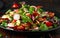 Traditional fattoush salad on a plate with pita croutons, cucumber, tomato, red onion, vegetables mix and herbs