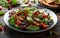 Traditional fattoush salad on a plate with pita croutons, cucumber, tomato, red onion, vegetables mix and herbs