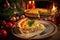 traditional festive food of tyrolean pie with cheese and bacon