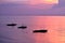 Traditional Filipino fishing boats at dawn offshore in the sea