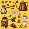 Traditional Filter Coffee Maker. Modern vintage elements, percolator, plants, grain and kettle for the shop menu. Vector