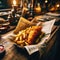 Traditional fish and chips served in newspaper