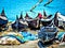 Traditional fishing boats at fort Cochin beach in HDR