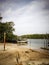 A traditional fishing boats parked on the jetty river in the morning.