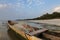 Traditional fishing canoe at the beach in the island of Orango at sunset, in Guinea Bissau