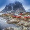 Traditional Fishing Hut Village in Hamnoy Mountain Peak in Lofoten Islands, Norway