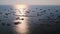 Traditional fishing vessels in gulf in Vietnam, aerial view