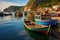 A traditional fishing village with colorful boats lined up along the shore