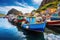 A traditional fishing village with colorful boats lined up along the shore