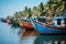 A traditional fishing village with colorful boats lined up along the shore