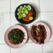 Traditional food on floor, cah kangkung mujaer goreng sambel cobek