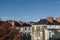 Traditional france facade and roof in the city on Nantes in a sunny day with clear sky - body copy