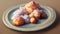 Traditional French beignets doughnuts with orange zest and powdered sugar on a grey textured background, selective focus