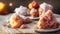 Traditional French beignets doughnuts with orange zest and powdered sugar on a grey textured background, selective focus