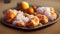 Traditional French beignets doughnuts with orange zest and powdered sugar on a grey textured background, selective focus
