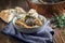 Traditional French boeuf bourguignon with vegetable farmhouse bread in a design bowl