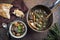 Traditional French boeuf bourguignon with vegetable farmhouse bread in a design bowl
