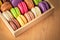 Traditional french colorful macarons in a box