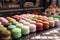 traditional french colorful macarons on the counter of a candy store. Ai generative
