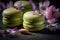 Traditional french cookie macaron with pistachio flavor. Small French cakes. Sweet green french macarons. Generative AI