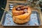 Traditional French sweet dessert : Pecan peanut Brioche on the silver tray