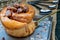 Traditional French sweet dessert : Pecan peanut Brioche on the silver tray