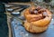 Traditional French sweet dessert : Pecan peanut Brioche on the silver tray